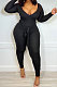 Black New Ribber Long Sleeve V Neck Beltband Slim Fitting Solid Color Jumpsuits ZDD31171-6