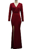 Wine Red Elegant Sexy Long Sleeve V Neck Collect Waist Plain Color For Party Maix Dress SMR10735-1