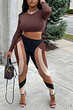 Dark Brown Women Pure Color Long Sleeve Top Printing Pants Sets AYB6119-1