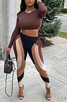 Dark Brown Women Pure Color Long Sleeve Top Printing Pants Sets AYB6119-1