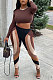 Dark Brown Women Pure Color Long Sleeve Top Printing Pants Sets AYB6119-1
