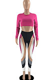 Pink Red Women Pure Color Long Sleeve Top Printing Pants Sets AYB6119-3