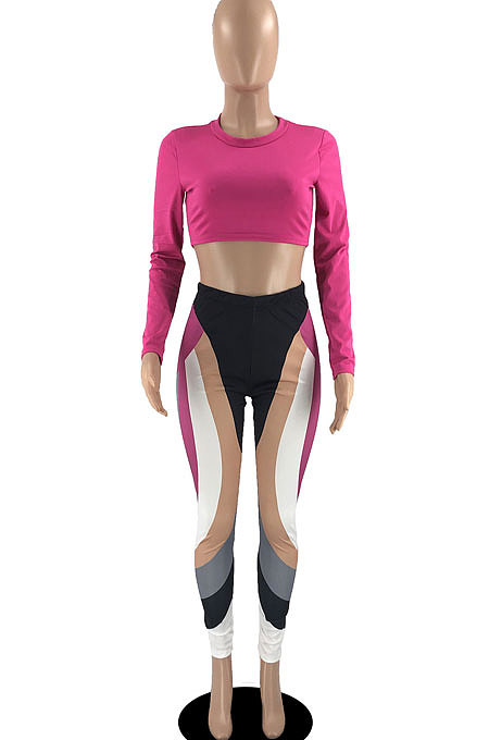 Pink Red Women Pure Color Long Sleeve Top Printing Pants Sets AYB6119-3