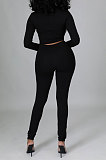 Black Fashion Flocking Leather Spliced Long Sleeve High Neck Zipper Tops Pencil Pants Bodycon Sets YYZ655-2