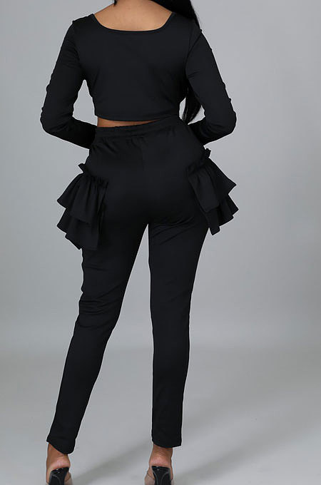 White Pure And Fresh Women Long Sleeve Square Neck Ruffle Crop Top Trousers Solid Color YYZ943-1