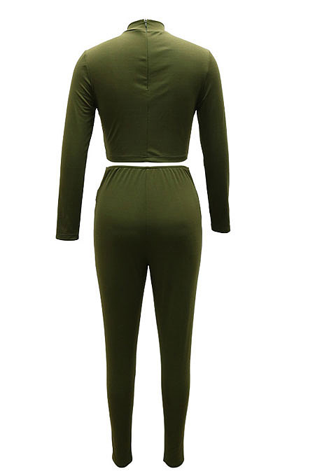 Army Green Fashion Half Turtle Neck Long Sleeve Zipper Spliced Tight Pants Sets CCY9280-1