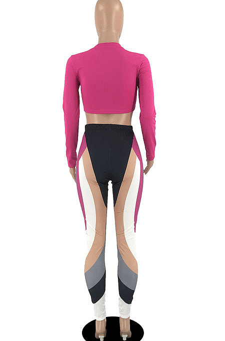 Pink Red Women Pure Color Long Sleeve Top Printing Pants Sets AYB6119-3