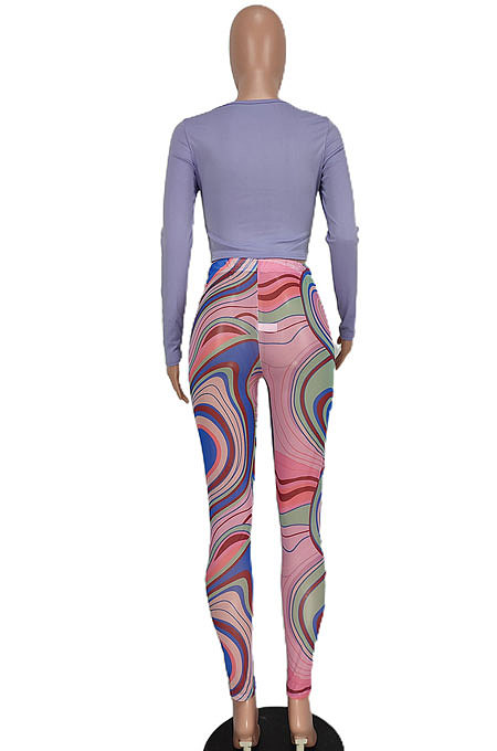 Purple Women Solid Color Top Drawsting Sexy Mesh Spaghetti Printing Pants Sets AGY68523-2