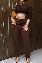 Coffee Women Fashion Casual Pure Color Dew Waist Pants Sets AGY68525-3