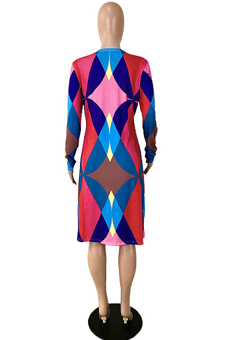 Multicolor Casual Geometric Graphic Printing Long Sleeve Round Neck Loose Dress YNS1679