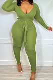 Yellow New Ribber Long Sleeve V Neck Beltband Slim Fitting Solid Color Jumpsuits ZDD31171-1