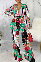 Red Pink Fashion Digital Printing Half Sleeve V Neck Collect Waist Wide Leg Jumpsuits SMR10686-2