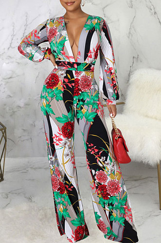 Red Pink Fashion Digital Printing Half Sleeve V Neck Collect Waist Wide Leg Jumpsuits SMR10686-2