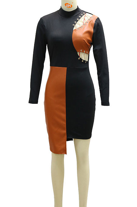 Black Women Trendy Sexy Skinny Hip Spliced PU Mid Waist Mini Dress CCY9299-1