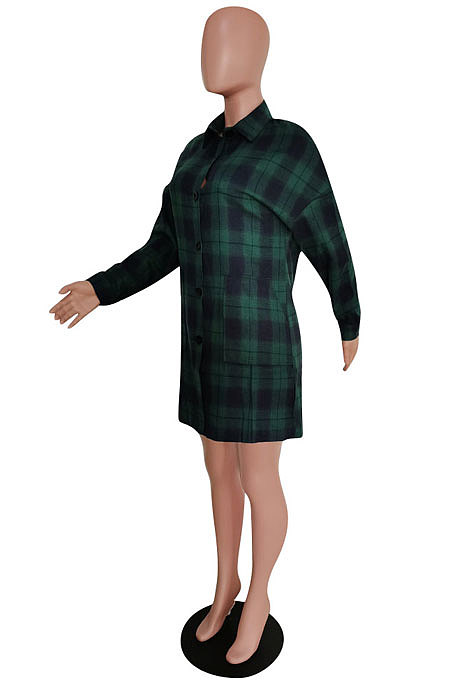Red Wholesale New Plaid Long Sleeve Lapel Neck Single-Breasted Shirt Dress F88314-1