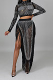 Red Women Long Sleeve Round Collar Hot Drilling Sexy Side High Split Tassel Skirts Sets CCY9327-2