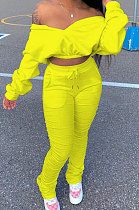 Yellow Women Batwing Sleeve Pure Color Long Sleeve Crop Ruffle Pants Sets LD8768-2