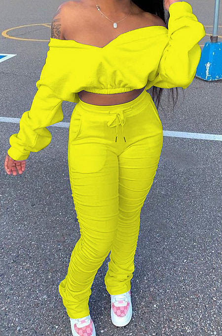 Yellow Women Batwing Sleeve Pure Color Long Sleeve Crop Ruffle Pants Sets LD8768-2