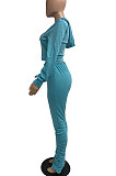Sky Blue Euramerican Women Autumn Pure Color Zipper Hooded Top Ruffle Pants Sets XQ1146-1
