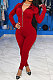 Red Women Pure Color Long Sleeve Zipper Plaid Printing Spliced Bodycon Jumpsuits LD81051-3