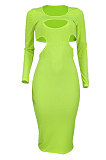 Orange Red Women Pure Color Bodycon Ribber Hole Long Sleeve Midi Dress ED1080-3
