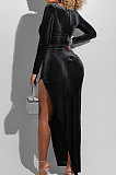 Lotus Pink  Fashion Sexy Velvet Long Sleeve Square Neck For Party High Slits Slim Fitting Dress ZS0428-4
