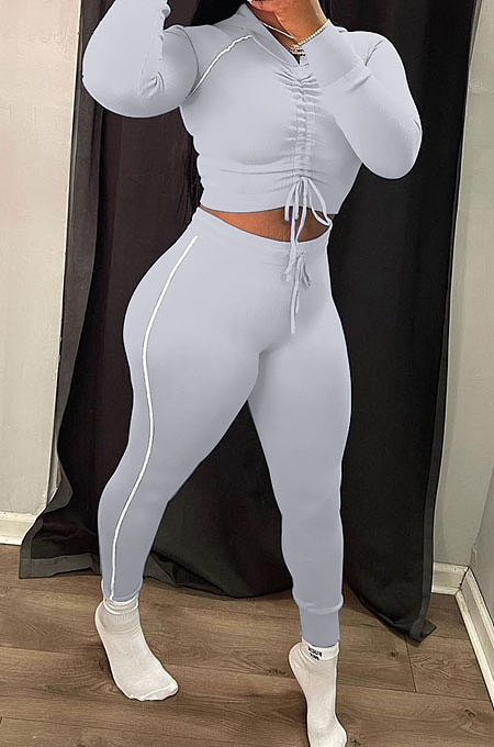 White Modest Shirred Detail Side Stripe Long Sleeve Dew Waist Tops Pencil Pants Slim Fitting Sets YYF8257-1