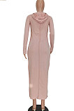 Lotus Pink Women Fashion Long Sleeve Solid Color Cotton Hooded Mid Waist Long Dress ED1073-3