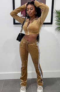 Khaki Women Long Sleeve Cardigan Zipper Pleuche Pure Color Spliced Pants Sets FFE187-1