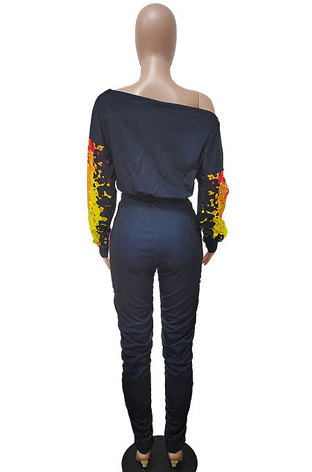 Black Yellow Batwing Sleeve Splash-Ink Ruffle Pants Sets LD88768-1