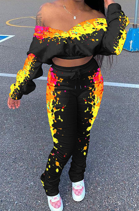 Black Yellow Batwing Sleeve Splash-Ink Ruffle Pants Sets LD88768-1