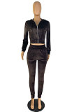 Coffee Winter Women's Velvet  Long Sleeve Zipper Cardigan Hoodie Pencil Pants Sports Sets ZMM9137-1
