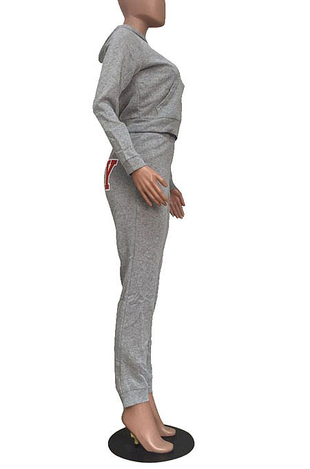 Gray Women Solid Color Hooded Top Sport Letters Printing Pants Sets LD8796-1
