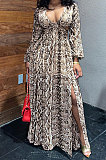 Black White Sexy Snakeskin Long Sleeve V Neck Hollow Out Collect Waist Long Dress ZS0427-1