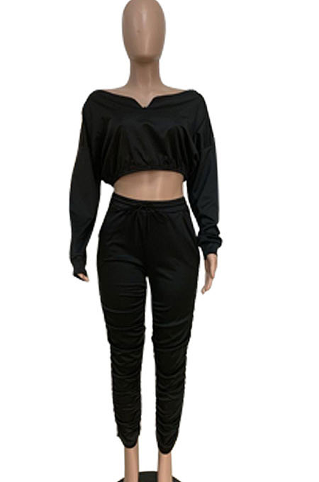 Yellow Women Batwing Sleeve Pure Color Long Sleeve Crop Ruffle Pants Sets LD8768-2