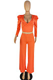 Black Sexy Pure Color Puff Sleeve V Neck Back Bandage Crop Tops Wide Leg Pants Sets ZMM9126-1