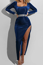 Blue Fashion Sexy Velvet Long Sleeve Square Neck For Party High Slits Slim Fitting Dress ZS0428-3