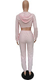Pink Fashion Suede Long Sleeve Zipper Hoodie High Waist Trousers Plain Color Sport Sets BBN213-1