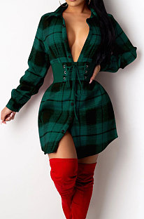 Green Wholesale New Plaid Long Sleeve Lapel Neck Single-Breasted Shirt Dress F88314-2