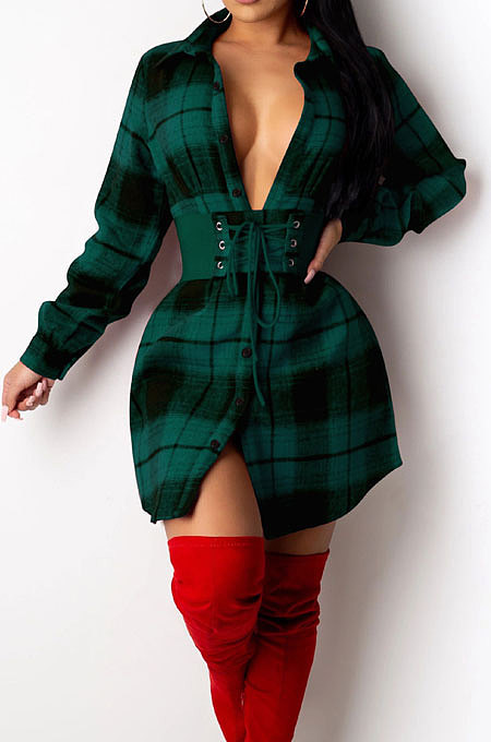 Green Wholesale New Plaid Long Sleeve Lapel Neck Single-Breasted Shirt Dress F88314-2