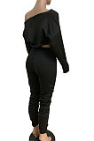 Yellow Women Batwing Sleeve Pure Color Long Sleeve Crop Ruffle Pants Sets LD8768-2