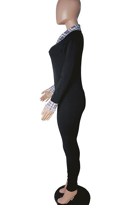 Yellow Women Pure Color Long Sleeve Zipper Plaid Printing Spliced Bodycon Jumpsuits LD81051-2