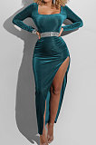 Wine Red Fashion Sexy Velvet Long Sleeve Square Neck For Party High Slits Slim Fitting Dress ZS0428-1