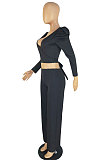 Black Sexy Pure Color Puff Sleeve V Neck Back Bandage Crop Tops Wide Leg Pants Sets ZMM9126-1