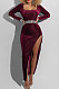 Wine Red Fashion Sexy Velvet Long Sleeve Square Neck For Party High Slits Slim Fitting Dress ZS0428-1