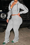 Sky Blue Euramerican Women Autumn Pure Color Zipper Hooded Top Ruffle Pants Sets XQ1146-1