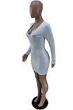 Wine Red Sexy Ribber Long Sleeve Low-Cut Collect Waist Solid Color Hip Dress BM7229-3