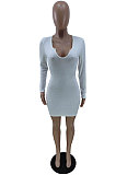 Wine Red Sexy Ribber Long Sleeve Low-Cut Collect Waist Solid Color Hip Dress BM7229-3