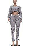 Yellow Women Batwing Sleeve Pure Color Long Sleeve Crop Ruffle Pants Sets LD8768-2