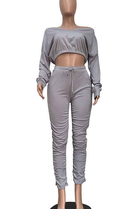 Yellow Women Batwing Sleeve Pure Color Long Sleeve Crop Ruffle Pants Sets LD8768-2